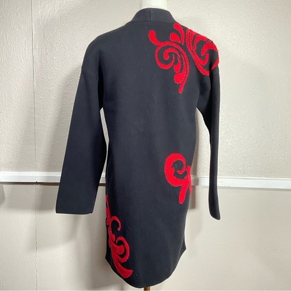 Chicos Open Front Long Cardigan Scroll Print Black Red Size 0 S - Picture 3 of 16